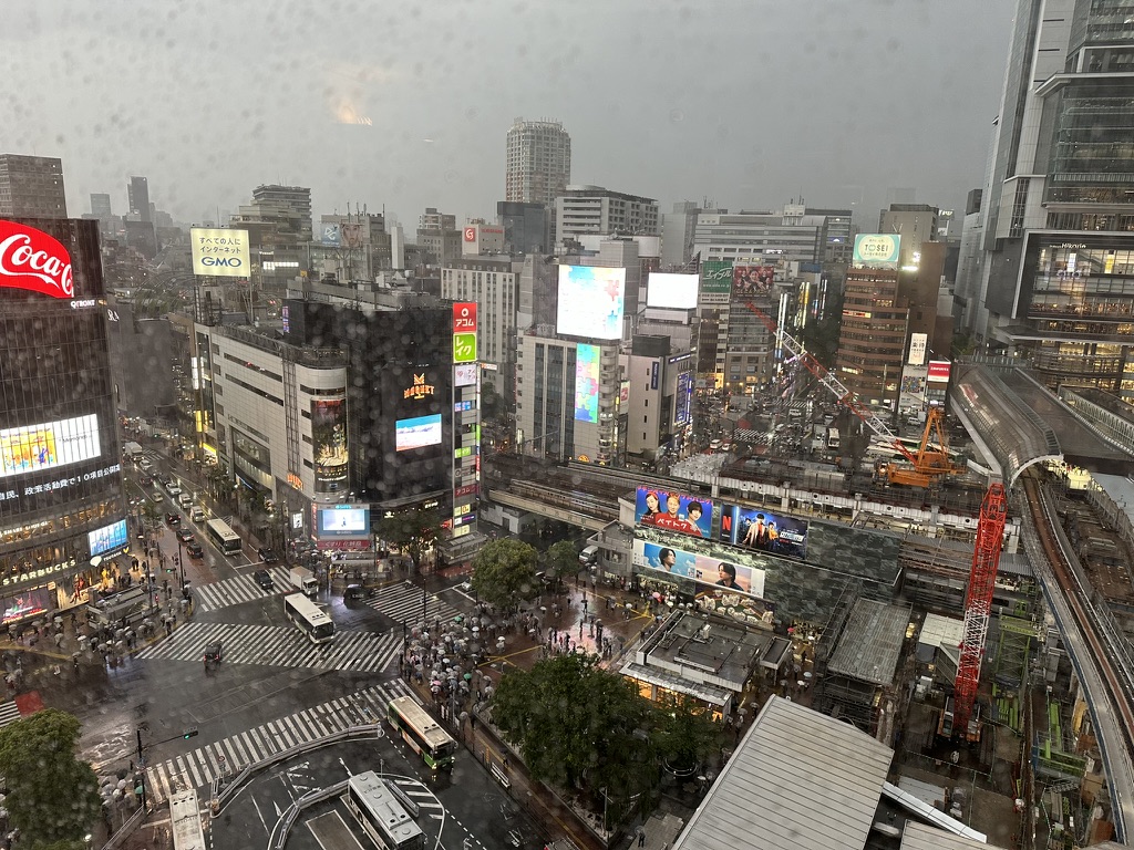 Rainy view of Shibuya Crossing in Tokyo at night